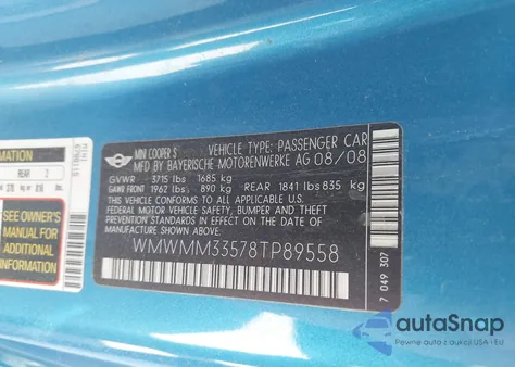 2008 Mini Cooper S Clubman z USA, uszkodzony, nr VIN WMWMM33578TP89558
